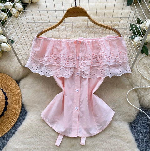 Off-shoulder Hollowed Lace Shirt