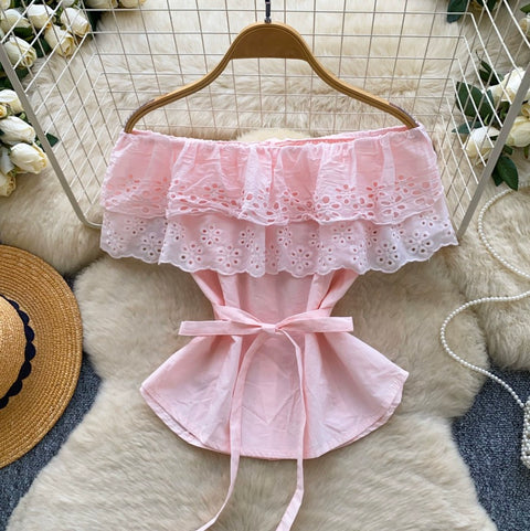 Off-shoulder Hollowed Lace Shirt