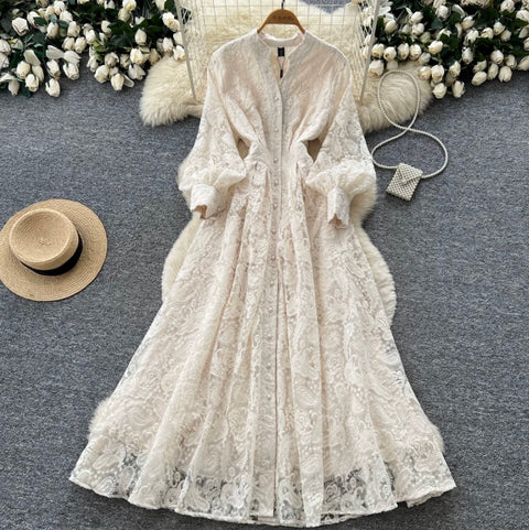Stand Collar Embroidered Lace Dress
