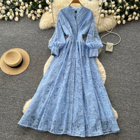 Stand Collar Embroidered Lace Dress