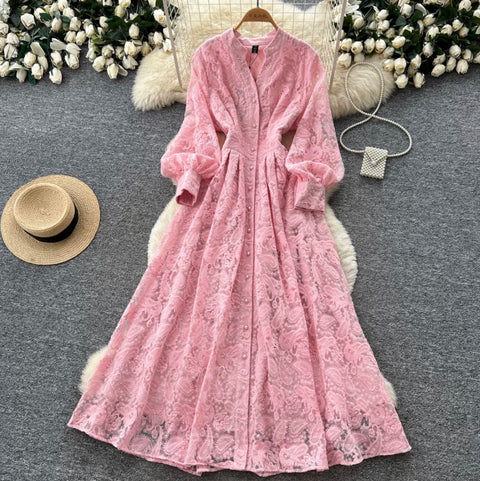 Stand Collar Embroidered Lace Dress
