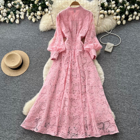 Stand Collar Embroidered Lace Dress