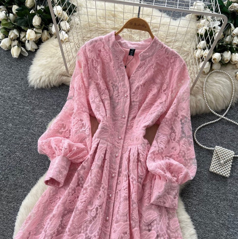 Stand Collar Embroidered Lace Dress