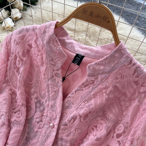 Stand Collar Embroidered Lace Dress