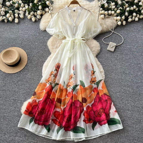 V-neck Floral Print Maxi Dress