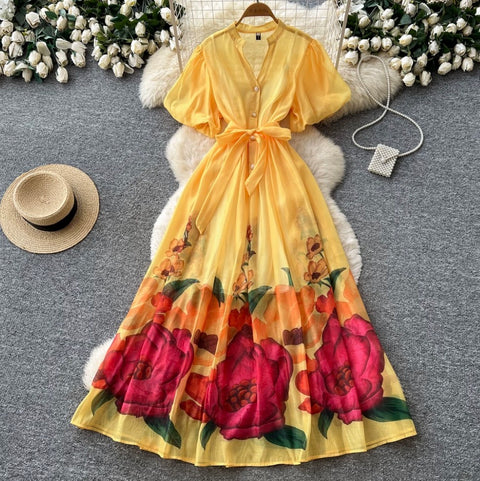 V-neck Floral Print Maxi Dress