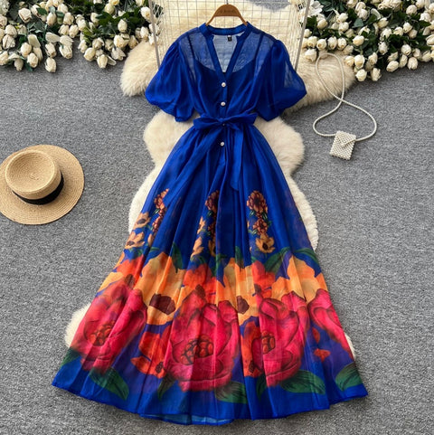 V-neck Floral Print Maxi Dress