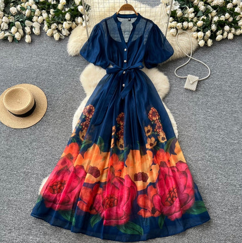 V-neck Floral Print Maxi Dress
