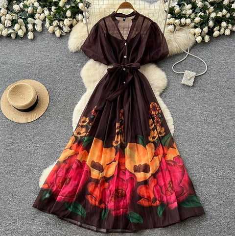 V-neck Floral Print Maxi Dress