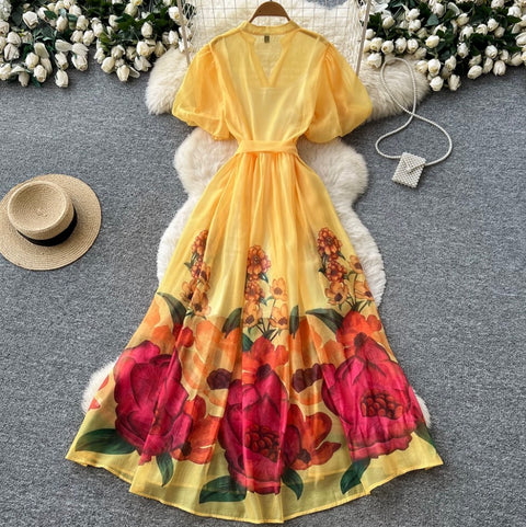 V-neck Floral Print Maxi Dress