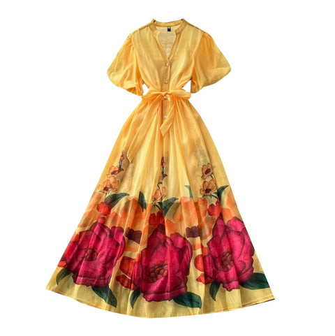 V-neck Floral Print Maxi Dress