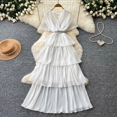 Elegant V-neck Beaded Layer Dress