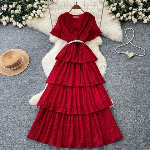 Elegant V-neck Beaded Layer Dress