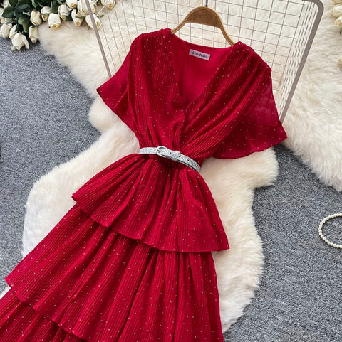 Elegant V-neck Beaded Layer Dress