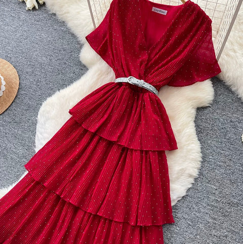 Elegant V-neck Beaded Layer Dress