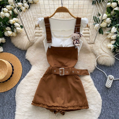 Preppy Style Cartoon Overalls Skirt Set