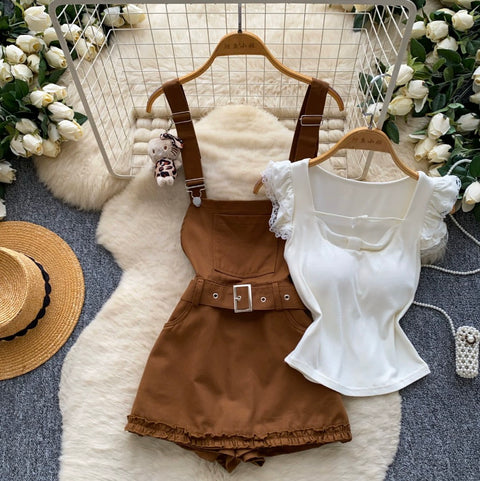 Preppy Style Cartoon Overalls Skirt Set