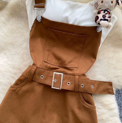 Preppy Style Cartoon Overalls Skirt Set