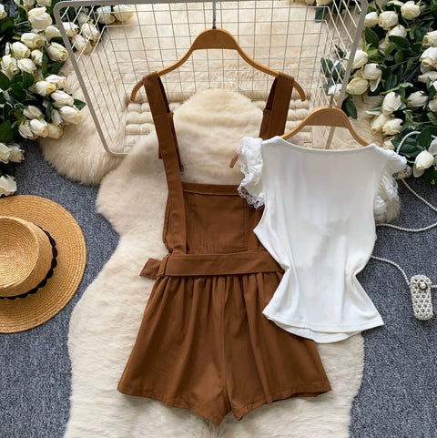 Preppy Style Cartoon Overalls Skirt Set