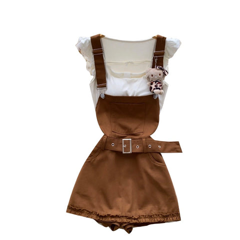 Preppy Style Cartoon Overalls Skirt Set