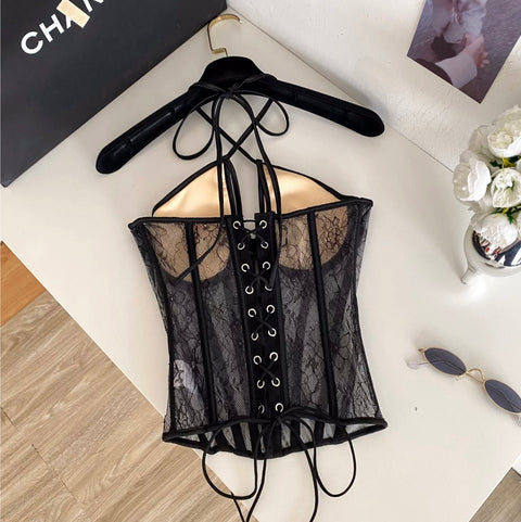 Sexy Black Lace Halter Bustier