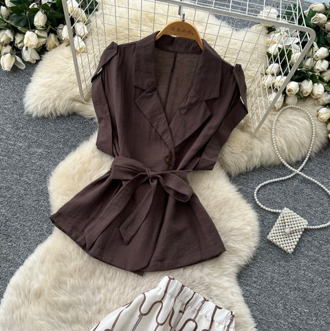 V-neck Top & Print Skirt 2Pcs