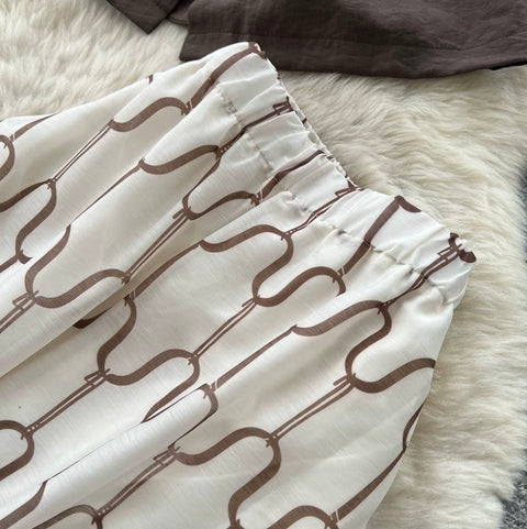 V-neck Top & Print Skirt 2Pcs