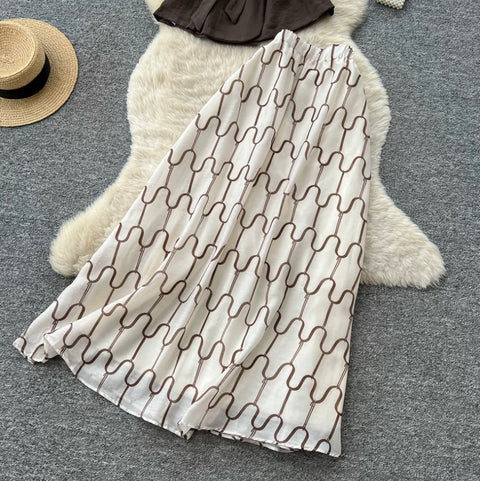 V-neck Top & Print Skirt 2Pcs