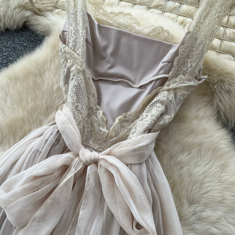Backless Apricot Mesh Slip Dress