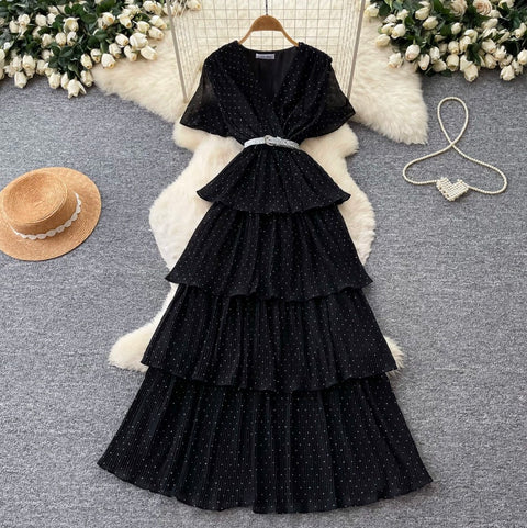 Elegant V-neck Beaded Layer Dress