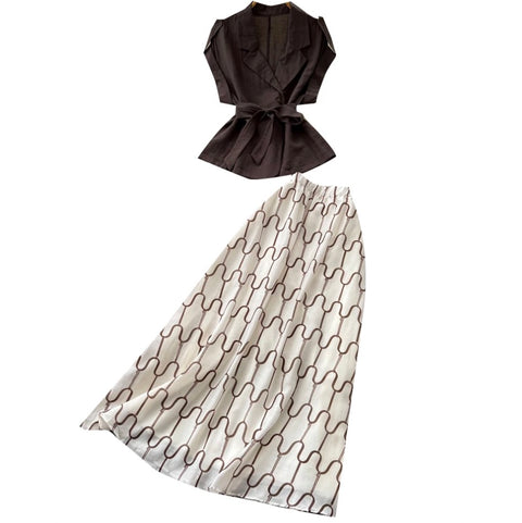 V-neck Top & Print Skirt 2Pcs