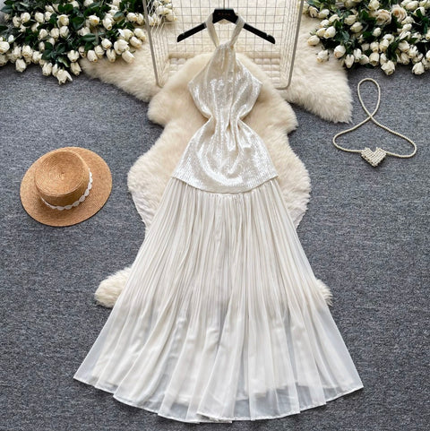 Sequined Mesh Patchwork Halter Dress
