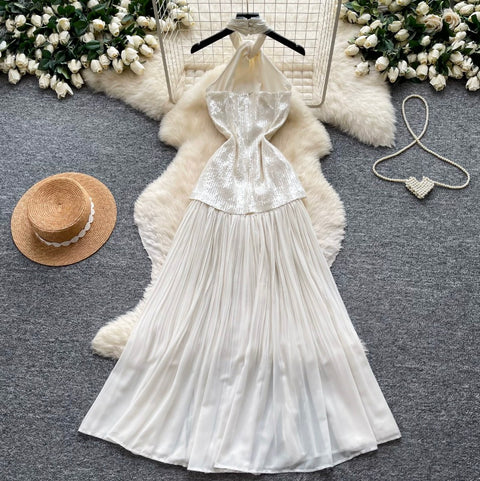 Sequined Mesh Patchwork Halter Dress