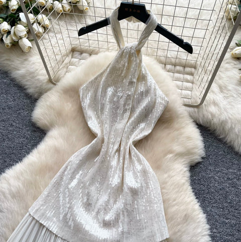 Sequined Mesh Patchwork Halter Dress