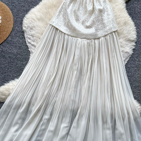 Sequined Mesh Patchwork Halter Dress