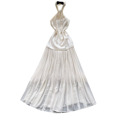 Sequined Mesh Patchwork Halter Dress