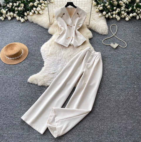 Vest Jacket & Wide-leg Trousers 2Pcs