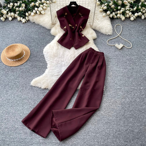 Vest Jacket & Wide-leg Trousers 2Pcs