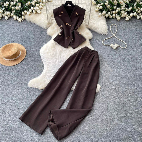 Vest Jacket & Wide-leg Trousers 2Pcs