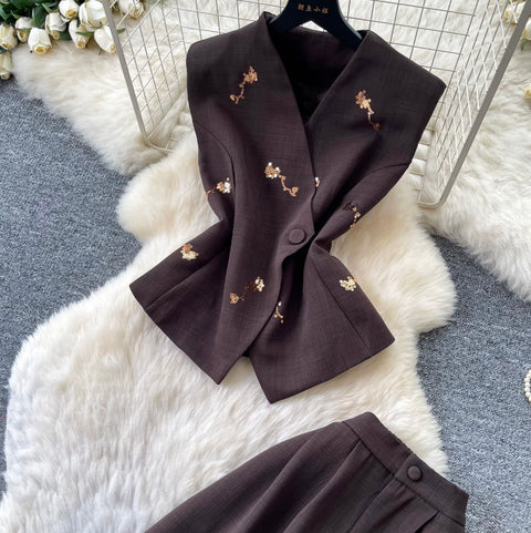 Vest Jacket & Wide-leg Trousers 2Pcs