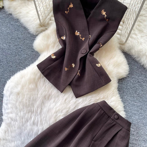 Vest Jacket & Wide-leg Trousers 2Pcs