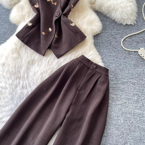 Vest Jacket & Wide-leg Trousers 2Pcs
