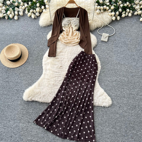 Camisole & Cardigan & Polka-dot Skirt 3Pcs