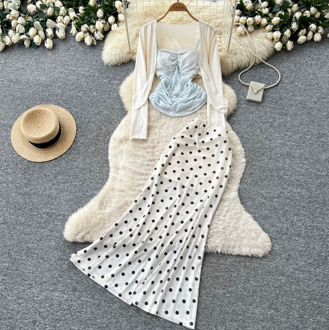 Camisole & Cardigan & Polka-dot Skirt 3Pcs