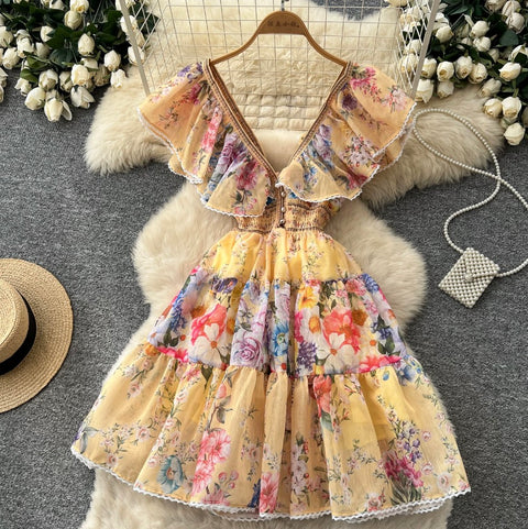 Deep V-neck Floral Print Dress