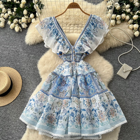 Deep V-neck Floral Print Dress