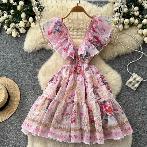 Deep V-neck Floral Print Dress
