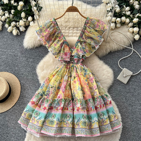 Deep V-neck Floral Print Dress