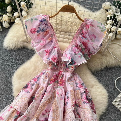 Deep V-neck Floral Print Dress