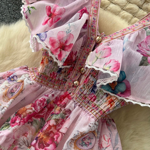 Deep V-neck Floral Print Dress